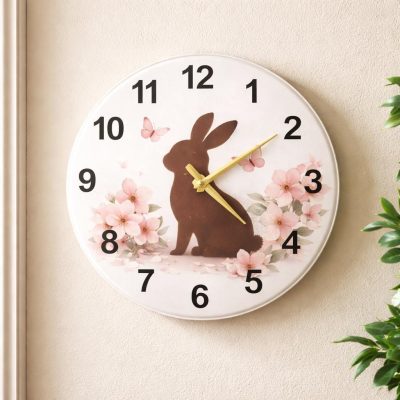 Rabbit Blossom Glass Wall Clock 50cm Silent Quartz Decor