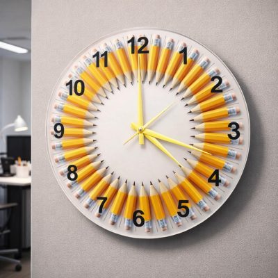 Pencil Glass Wall Clock 36cm Silent Quartz Decor