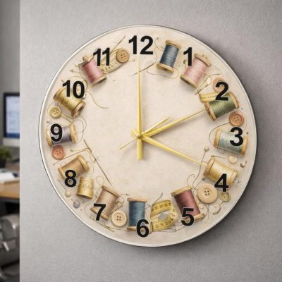 Sewing Theme Glass Wall Clock 51cm Silent Quartz Decor
