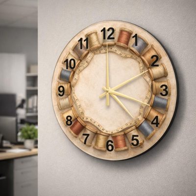 Sewing Spool Glass Wall Clock 26cm Silent Quartz Decor