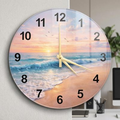 Sunset Beach Glass Wall Clock 36cm Silent Quartz Decor