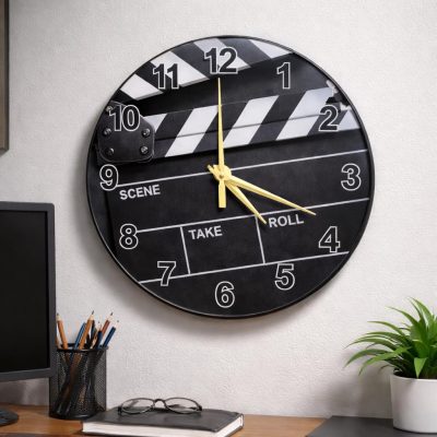 Movie Clapperboard Glass Wall Clock 50cm Silent Quartz