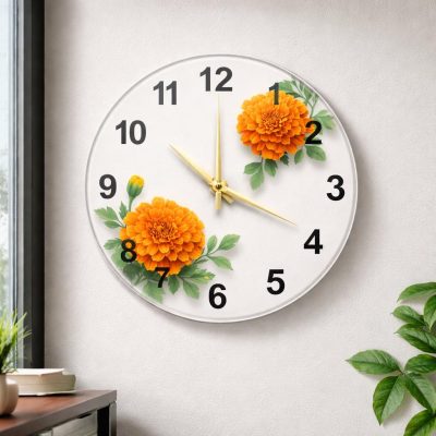 Orange Flower Glass Wall Clock 51cm Silent Quartz Decor