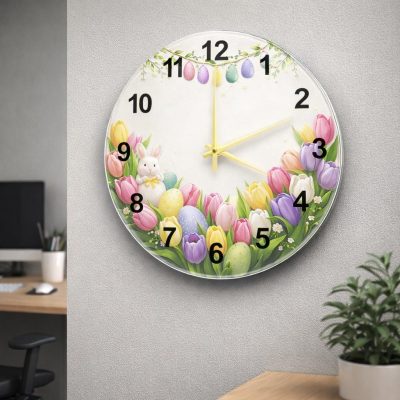 Easter Bunny Tulip Glass Wall Clock 40cm Silent Quartz Decor