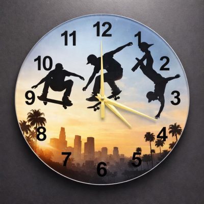 Skateboard Sunset Glass Wall Clock 36cm Silent Quartz Decor